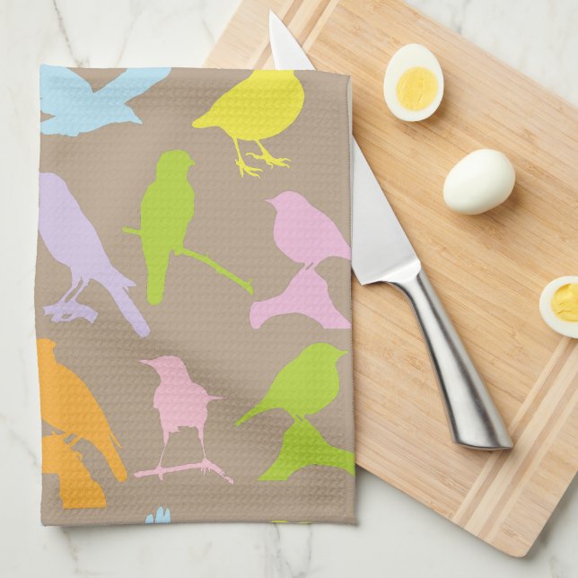 Pastel Colored Variety of Birds Pattern Kitchen Towel (Quarter Fold)