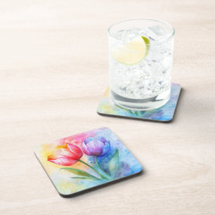 PASTEL COLORFUL WATERCOLOR SPRING TULIPS COASTER
