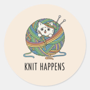 Pastel Colors Cute Cat Yarn Ball Knitting Design Classic Round Sticker