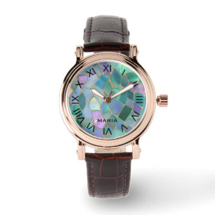 Pastel colors stained glass mosaic pattern watch
