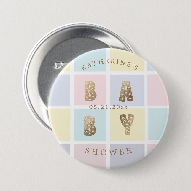 pastel colour block gold baby shower 3 inch round button (Front & Back)
