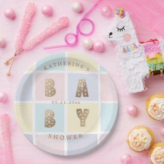 Pastel Colour Block Gold Baby Shower Paper Plate