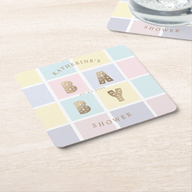 pastel colour block gold baby shower  square paper coaster (Angled)