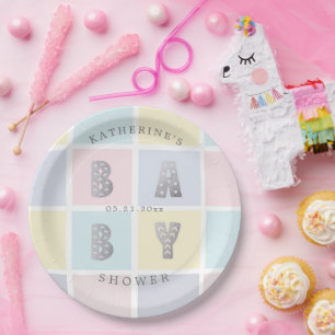 Pastel Colour Block Silver Baby Shower Paper Plate