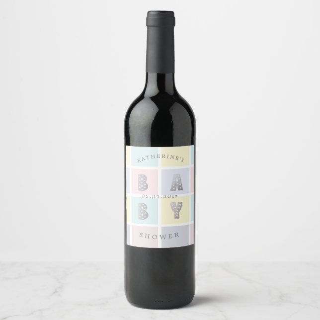 pastel colour block silver baby shower  wine label (Front)