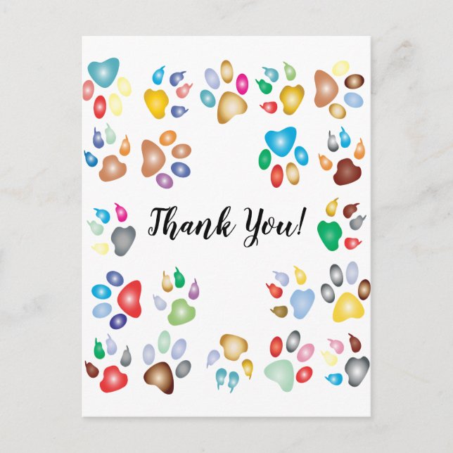 Pastel Colour Pawprints Thank You Postcard (Front)