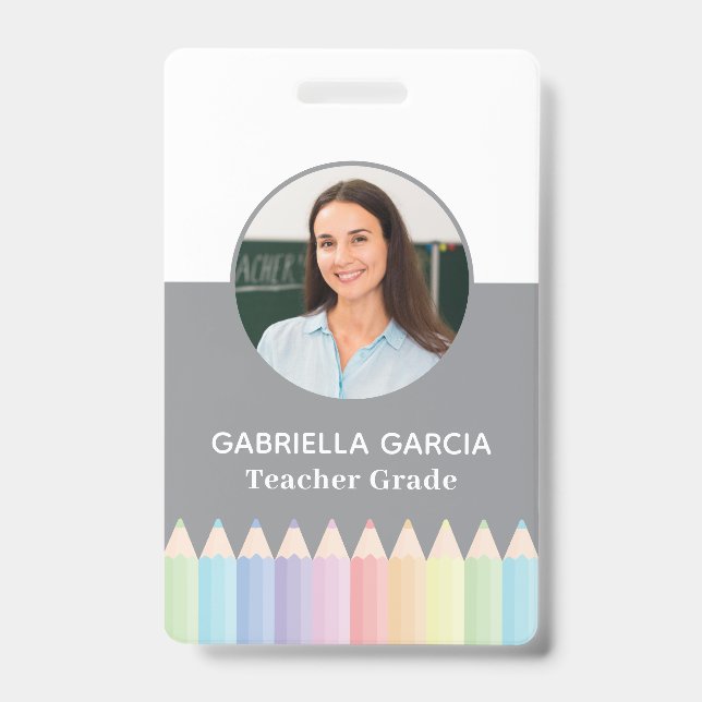 Pastel Colour Rainbow Teacher Photo ID badge (Front)