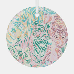 Pastel Colour Tiger Art Pattern Glass Ornament