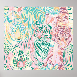 Pastel Colour Tiger Art Pattern Poster
