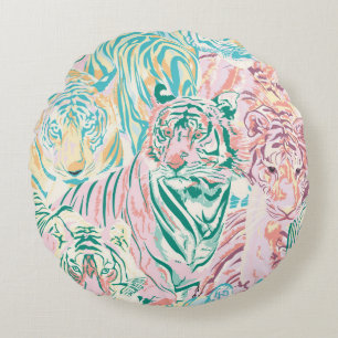 Pastel Colour Tiger Art Pattern Round Pillow