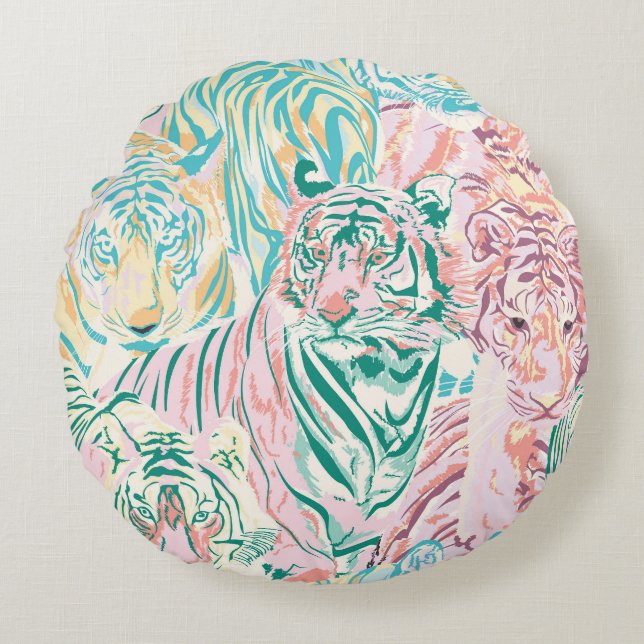 Pastel Colour Tiger Art Pattern Round Pillow (Front)