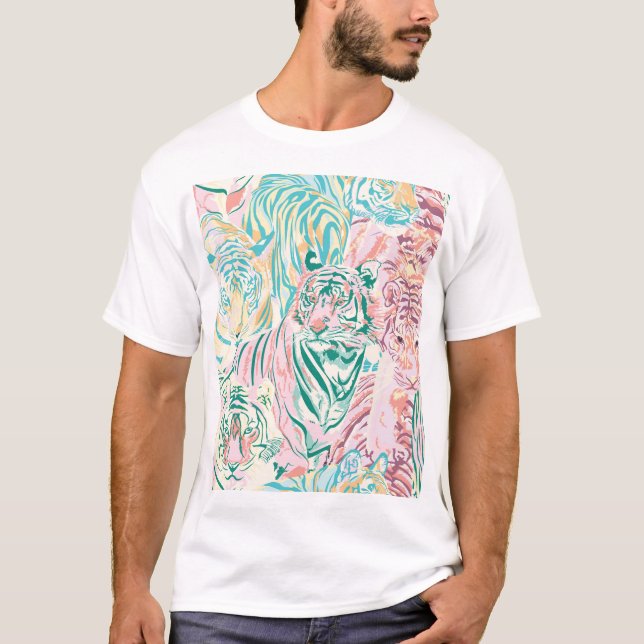 Pastel Colour Tiger Art Pattern T-Shirt (Front)