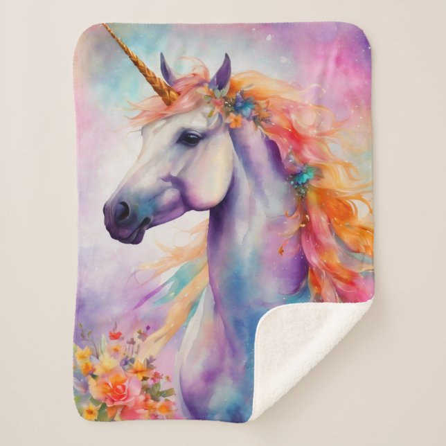 Pastel Colour Unicorn Sherpa Blanket (Front)