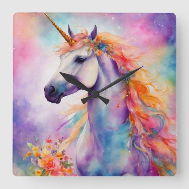 Pastel Colour Unicorn Square Wall Clock (Front)