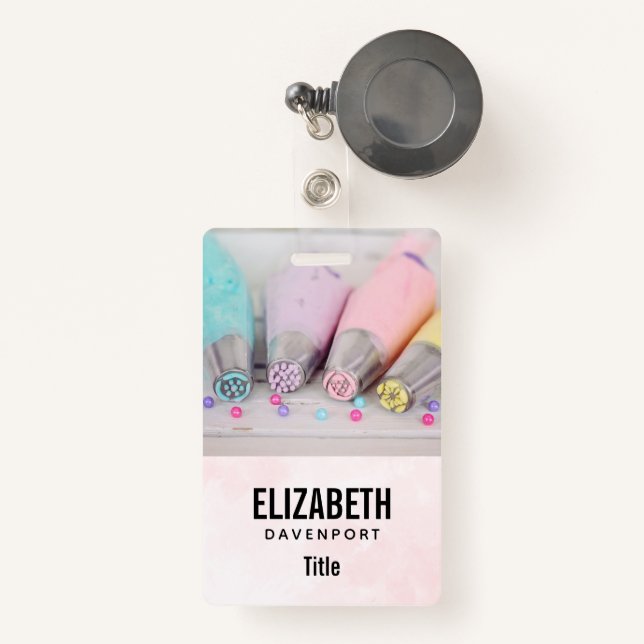 Pastel Coloured Cake Decorating Tools Photograph Badge (Front with Retractable)