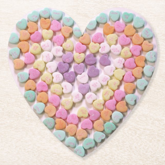 Pastel Coloured Candy Hearts Heart Shaped Paper Coaster (Front)