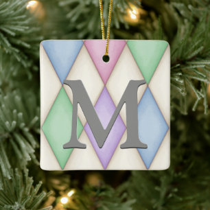 Pastel Coloured Harelquin Check Pretty Personalise Ceramic Ornament