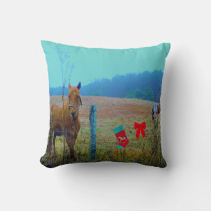 Pastel coloured Horses, Stocking on fence Throw Pillow