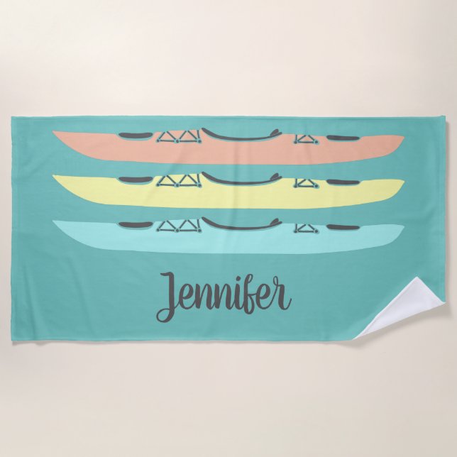 Pastel Coloured Kayaks Personalized Teal Blue Beach Towel (Front)