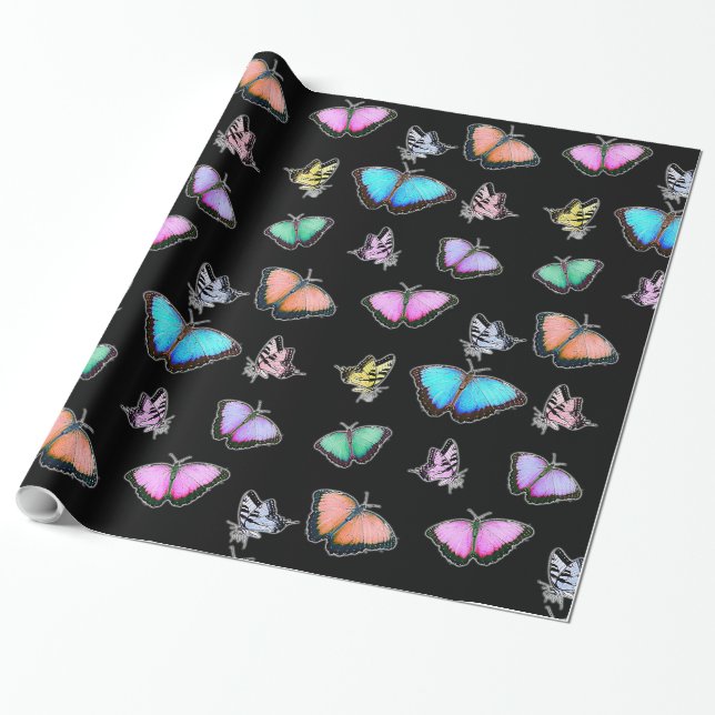 Pastel Coloured Pink, Green, Yellow,  Butterflies Wrapping Paper (Unrolled)
