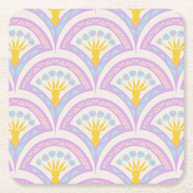 Pastel coloured shell pattern square paper coaster (Front)