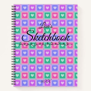 Pastel Coloured Squares with Hearts Skectchbook Notebook