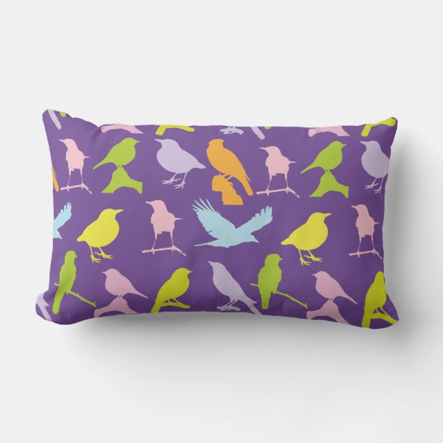Pastel Coloured Variety of Birds Pattern Lumbar Pillow (Front)
