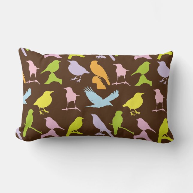 Pastel Coloured Variety of Birds Pattern Lumbar Pillow (Front)