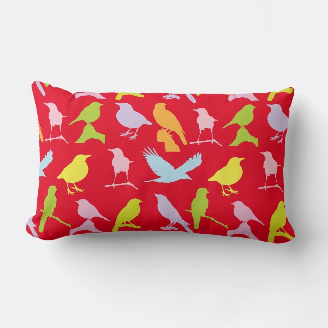Pastel Coloured Variety of Birds Pattern Lumbar Pillow (Front)