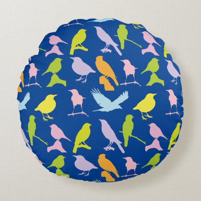 Pastel Coloured Variety of Birds Pattern Round Pillow (Front)