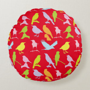 Pastel Coloured Variety of Birds Pattern Round Pillow