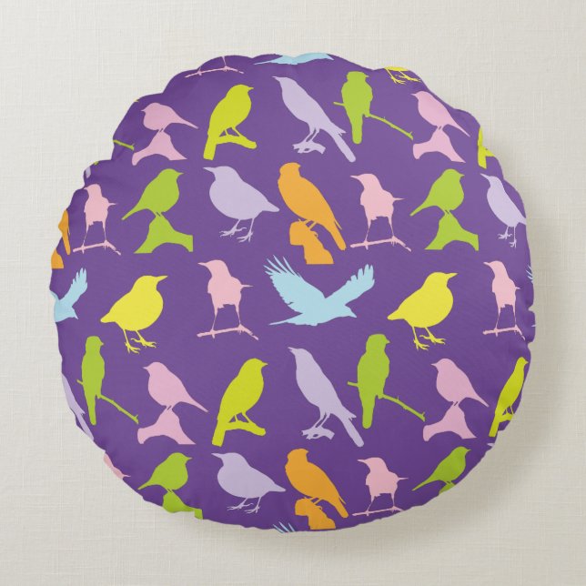 Pastel Coloured Variety of Birds Pattern Round Pillow (Front)