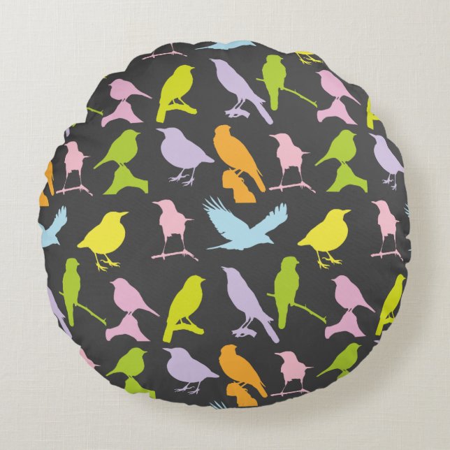Pastel Coloured Variety of Birds Pattern Round Pillow (Front)
