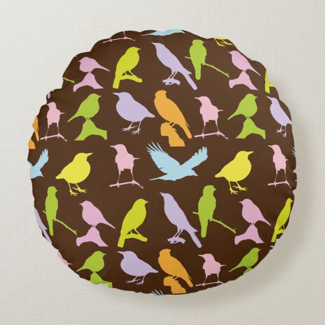 Pastel Coloured Variety of Birds Pattern Round Pillow (Front)