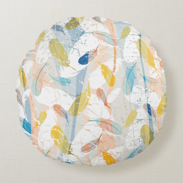 Pastel Colourful Abstract Feathers Pattern Round Pillow (Front)