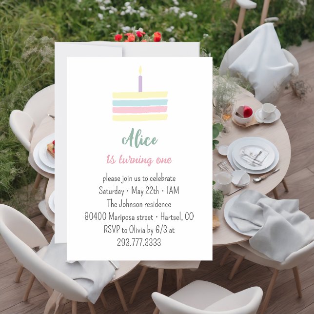 Pastel colourful cake 1st baby girlBirthday party  Invitation (Creator Uploaded)