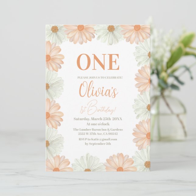 Pastel Colourful Daisy Flower 1st Birthday Invitation (Standing Front)