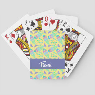 Pastel colourful fishes on yellow playing cards