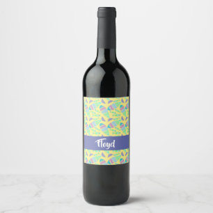 Pastel colourful fishes on yellow wine label