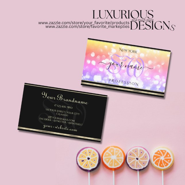 Pastel Colourful Glitter Black Gold Border Initial Business Card (Creator Uploaded)