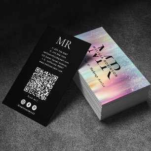 Pastel Colourful Rainbow Glitter Monogram & QR Cod Business Card