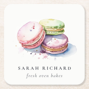 Pastel Colourful Watercolor French Macarons Bakery Square Paper Coaster