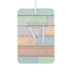 pastel colourful wood rustic monogram est. year na air freshener