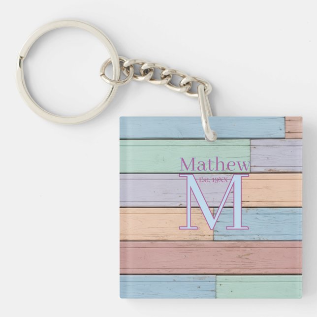 pastel colourful wood rustic monogram est. year na keychain (Front)