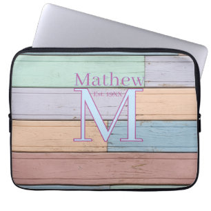 pastel colourful wood rustic monogram est. year na laptop sleeve
