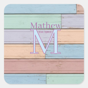 pastel colourful wood rustic monogram est. year na square sticker