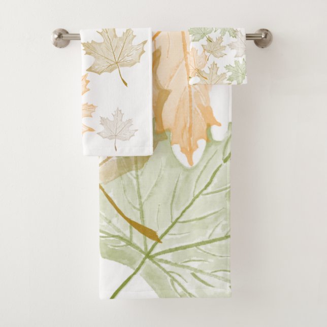 Pastel Colours Autumn Maple Pattern Green Orange Bath Towel Set (Insitu)