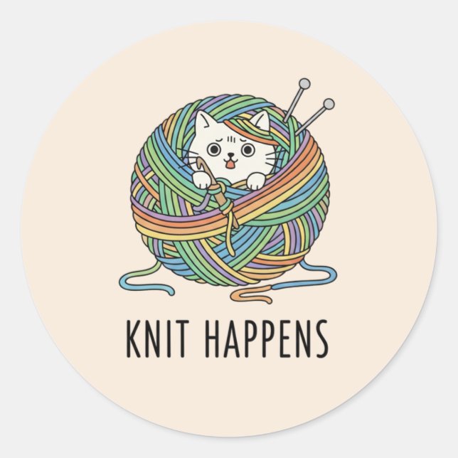 Pastel Colours Cute Cat Yarn Ball Knitting Design Classic Round Sticker (Front)