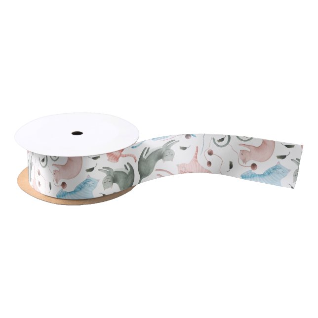 Pastel Colours Cute Cats & Yarn Seamless Pattern Satin Ribbon (Spool)