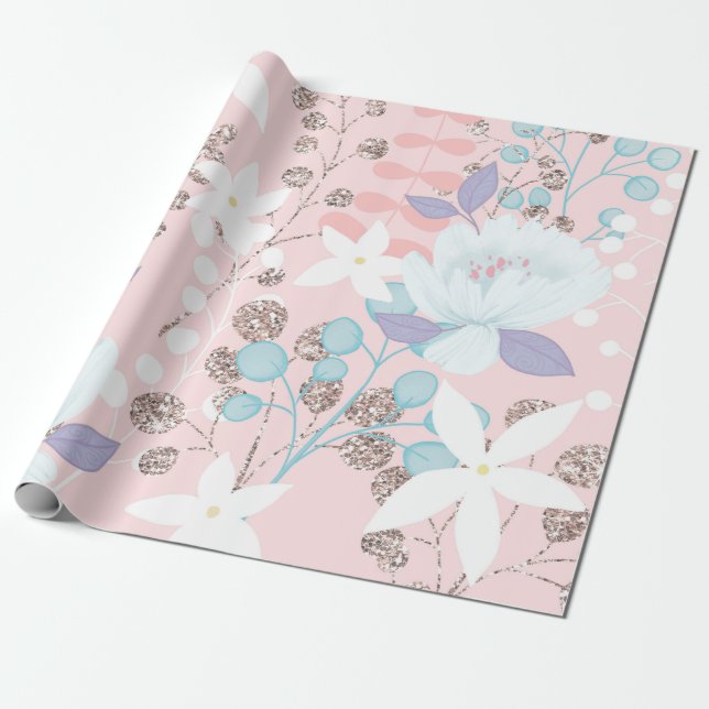 Pastel colours flowers with glitter accents wrapping paper (Unrolled)